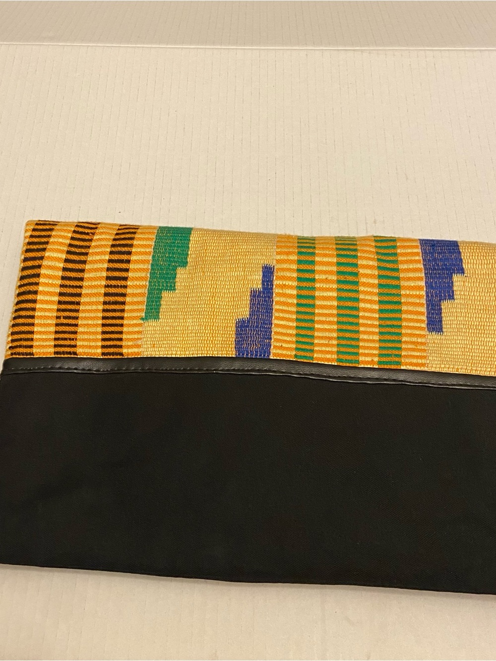 Women’s Black Tote Clutch Bag with Colorful Kente Stripe and Wooden Handles. - Picture 6 of 7